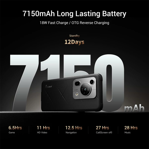FOSSiBOT F112 Pro 5G strapabíró telefon, 50+5MP hátlapi kamera, 7150mAh akku, 6,88" HD+, 8/256GB, Android 14, IP68/IP69K - Kék