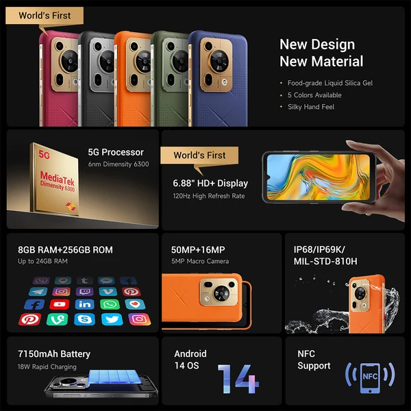 FOSSiBOT F112 Pro 5G strapabíró telefon, 50+5MP hátlapi kamera, 7150mAh akku, 6,88" HD+, 8/256GB, Android 14, IP68/IP69K - Kék