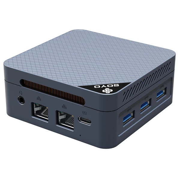 SOYO M4 Mini PC, Intel N150 4 mag 3,6GHz, 12GB LPDDR5 RAM, 512GB SSD, 2×HDMI+DP 4K, WiFi 5, BT 5.0, 3×USB3.2, 2×RJ45, Type-C, audio