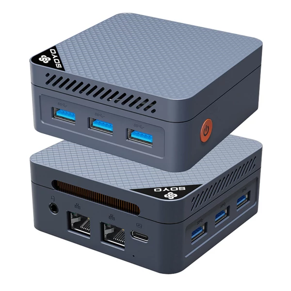 SOYO M4 Mini PC, Intel N150 4 mag 3,6GHz, 12GB LPDDR5 RAM, 512GB SSD, 2×HDMI+DP 4K, WiFi 5, BT 5.0, 3×USB3.2, 2×RJ45, Type-C, audio