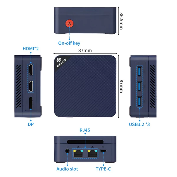 SOYO M4 Mini PC, Intel N150 4 mag 3,6GHz, 12GB LPDDR5 RAM, 512GB SSD, 2×HDMI+DP 4K, WiFi 5, BT 5.0, 3×USB3.2, 2×RJ45, Type-C, audio