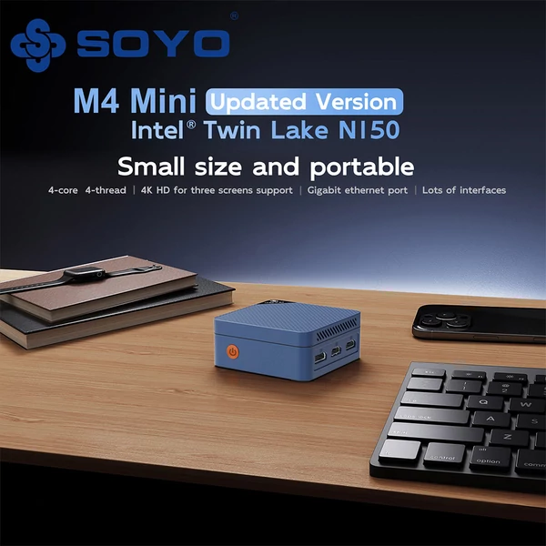 SOYO M4 Mini PC, Intel N150 4 mag 3,6GHz, 12GB LPDDR5 RAM, 512GB SSD, 2×HDMI+DP 4K, WiFi 5, BT 5.0, 3×USB3.2, 2×RJ45, Type-C, audio