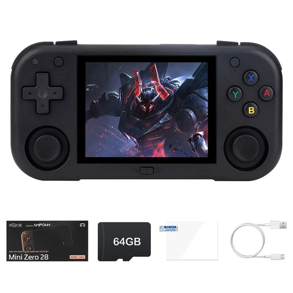 Magicx Mini Zero 28 V2 retro játékkonzol, 2,8" 640×480 IPS kijelző, 7 óra játékidő - 64GB, fekete
