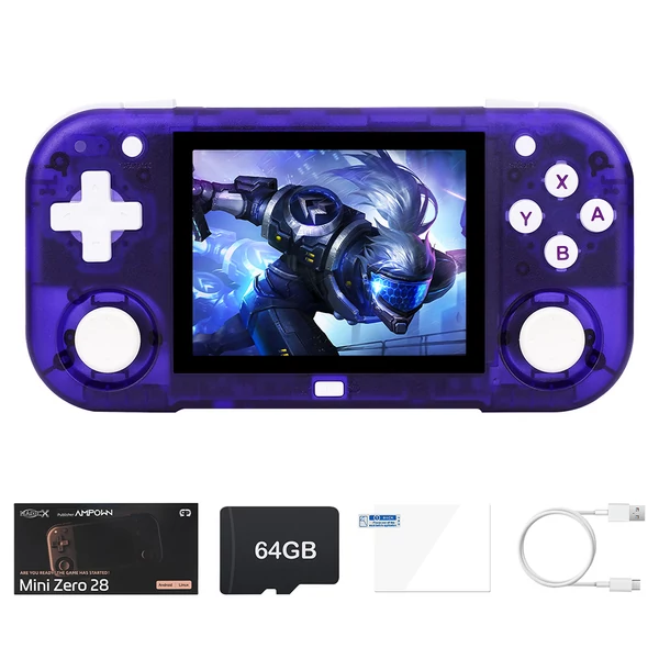 Magicx Mini Zero 28 V2 retro játékkonzol, 2,8" 640×480 IPS kijelző, 7 óra játékidő - 64GB, lila