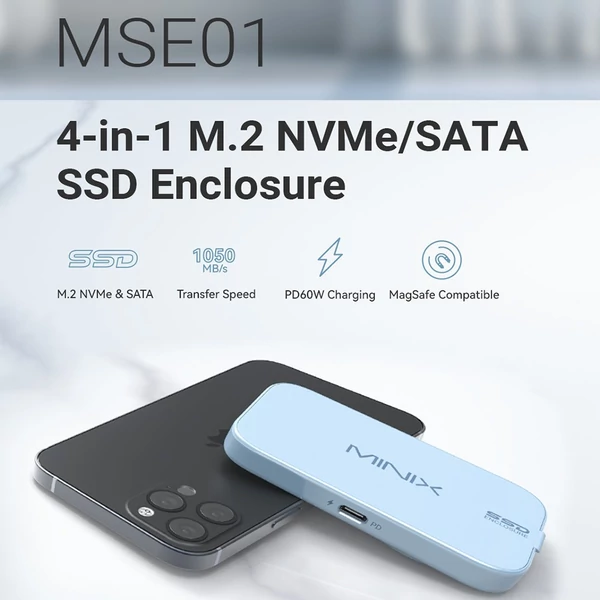 MINIX MSE01 4 az 1-ben M.2 NVMe/SATA SSD ház, MagSafe kompatibilis, akár 4TB kapacitásig
