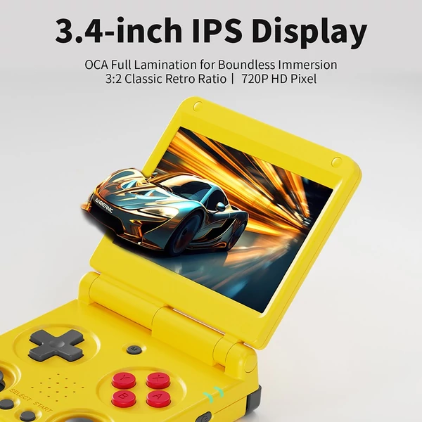 ANBERNIC RG34XXSP Flip játékkonzol, 14 000+ játék, 3,4" IPS, 30+ emulátor, 6 óra játék, 5G WiFi - Sárga, 64GB+256GB