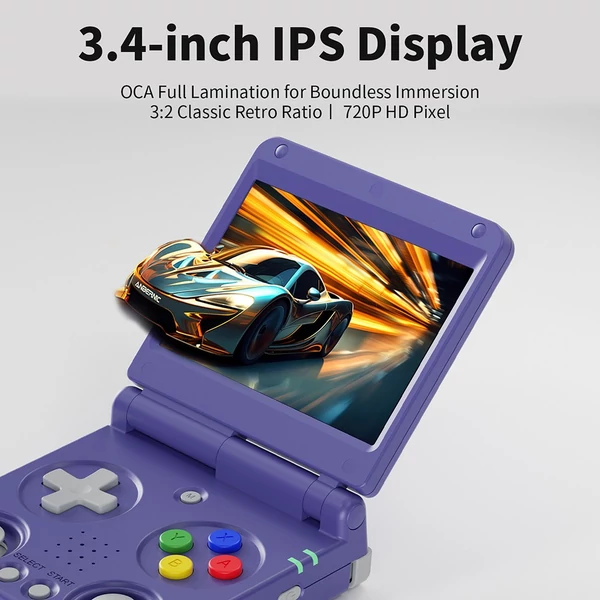 ANBERNIC RG34XXSP Flip játékkonzol, 14 000+ játék, 3,4" IPS, 30+ emulátor, 6 óra játék, 5G WiFi - Kék, 64GB+256GB