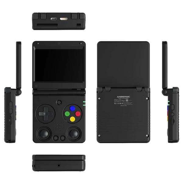 ANBERNIC RG34XXSP Flip játékkonzol, 14 000+ játék, 3,4" IPS, 30+ emulátor, 6 óra játék, 5G WiFi - Fekete, 64GB+256GB