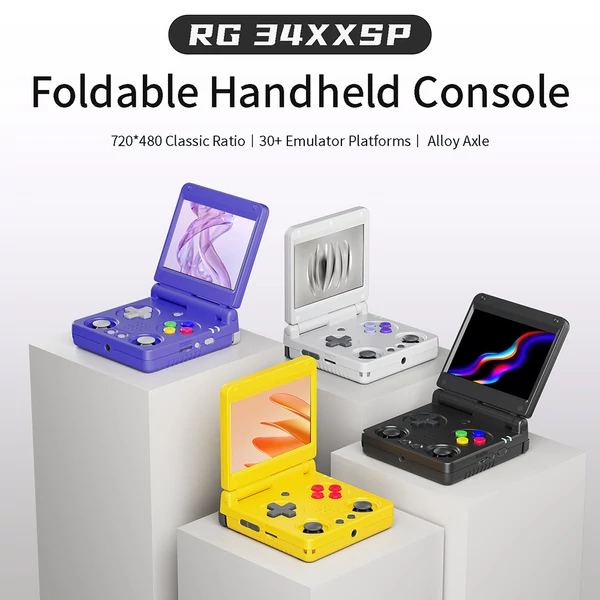 ANBERNIC RG34XXSP Flip játékkonzol, 11 000+ játék, 3,4" IPS, 30+ emulátor, 6 óra játék, 5G WiFi - Fekete, 64GB+128GB