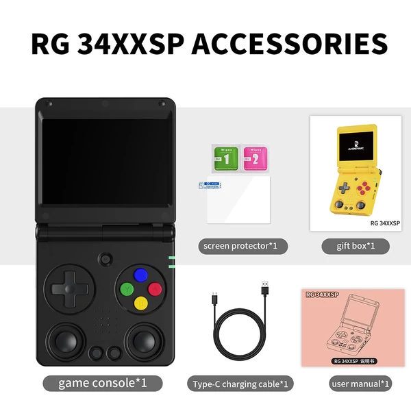 ANBERNIC RG34XXSP Flip játékkonzol, 11 000+ játék, 3,4" IPS, 30+ emulátor, 6 óra játék, 5G WiFi - Fekete, 64GB+128GB