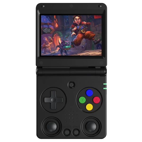 ANBERNIC RG34XXSP Flip játékkonzol, 11 000+ játék, 3,4" IPS, 30+ emulátor, 6 óra játék, 5G WiFi - Fekete, 64GB+128GB