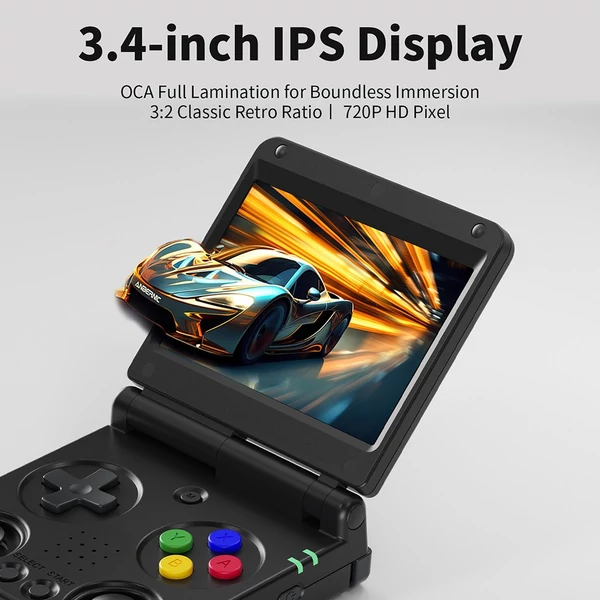 ANBERNIC RG34XXSP Flip játékkonzol, 4 000+ játék, 3,4" IPS, 30+ emulátor, 6 óra játék, 5G WiFi - Fekete, 64GB