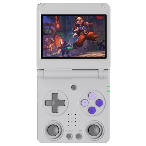 ANBERNIC RG34XXSP Flip játékkonzol, 11 000+ játék, 3,4" IPS, 30+ emulátor, 6 óra játék, 5G WiFi - Szürke, 64GB+128GB