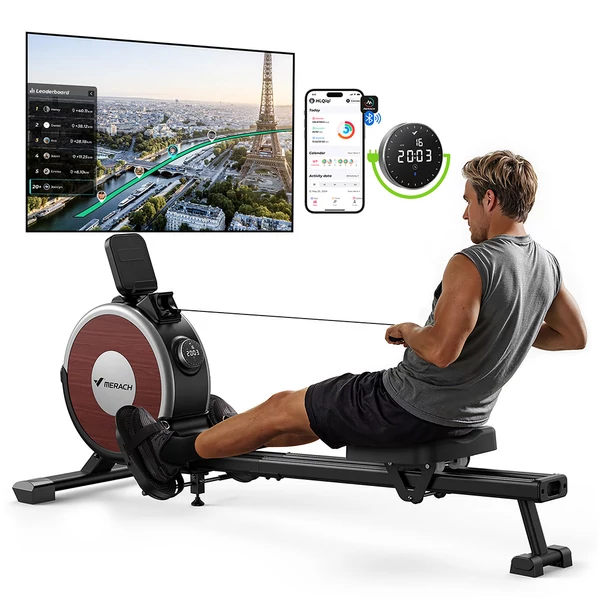 MERACH Q1S mágneses evezőgép, 16 fokozat, 160 kg teherbírás, dupla sín, LCD kijelző, apptámogatás - Fekete, kézi állítás