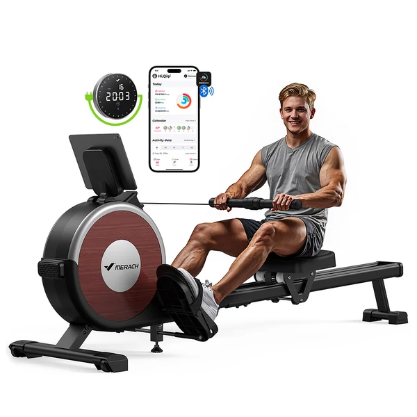 MERACH Q1S mágneses evezőgép, 16 fokozat, 160 kg teherbírás, dupla sín, LCD kijelző, apptámogatás - Fekete, kézi állítás