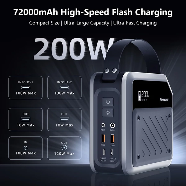 NEWSMY P72 hordozható tápállomás, 268W, 270Wh/72000mAh LiMnFePO4 akku, fényszóró, 2×100W USB-C PD, 5 kimenet