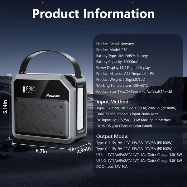 NEWSMY P72 hordozható tápállomás, 268W, 270Wh/72000mAh LiMnFePO4 akku, fényszóró, 2×100W USB-C PD, 5 kimenet