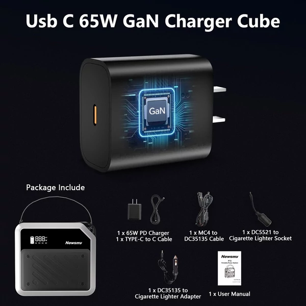 NEWSMY P72 hordozható tápállomás, 268W, 270Wh/72000mAh LiMnFePO4 akku, fényszóró, 2×100W USB-C PD, 5 kimenet