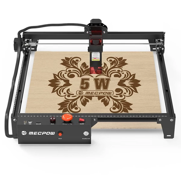Mecpow X3 5W lézer, fix fókusz, 0,01mm pontosság, 10000 mm/perc gravírozás, biztonsági zár, vészleállítás, 410x400mm