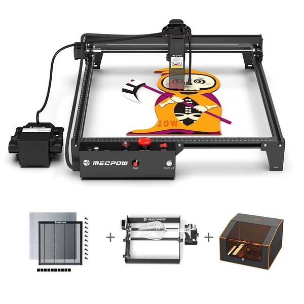 Mecpow X3 Pro 10W lézergravírozó légsegéddel + FC1 burkolat + G3 Pro forgató + H44 lézerágy