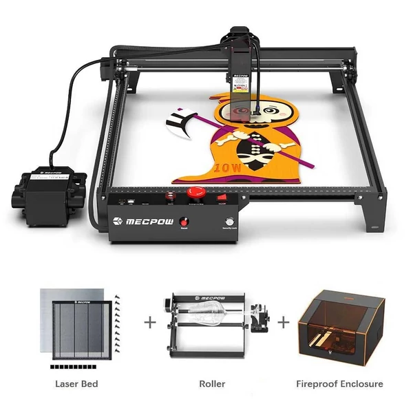 Mecpow X3 Pro 10W lézergravírozó légsegéddel + FC1 burkolat + G3 Pro forgató + H44 lézerágy