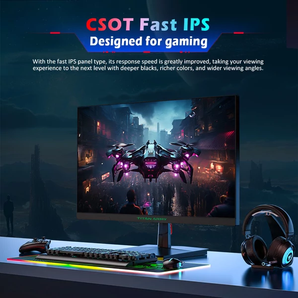 TITAN ARMY P2510HS gamer monitor, 24,5", 1920x1080, CSOT Fast IPS, 300/240Hz, HDR400, 121% sRGB, 1ms, Adaptive-Sync, alacsony kékfény, PIP/PBP, VESA