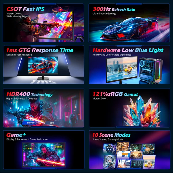 TITAN ARMY P2510HS gamer monitor, 24,5", 1920x1080, CSOT Fast IPS, 300/240Hz, HDR400, 121% sRGB, 1ms, Adaptive-Sync, alacsony kékfény, PIP/PBP, VESA