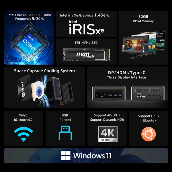 BMAX B9 Power Mini PC, Intel Core i9-12900H, 32GB RAM, 1TB SSD, 4K tripla kijelző, WiFi 6, BT 5.2, DP+HDMI+Type-C, Space Capsule hűtés