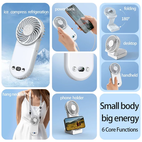 WT20 hordozható kézi ventilátor, 3 sebesség, digitális kijelző, 180°-ban állítható, 2000mAh, USB-s, powerbank, telefontartó – Fekete