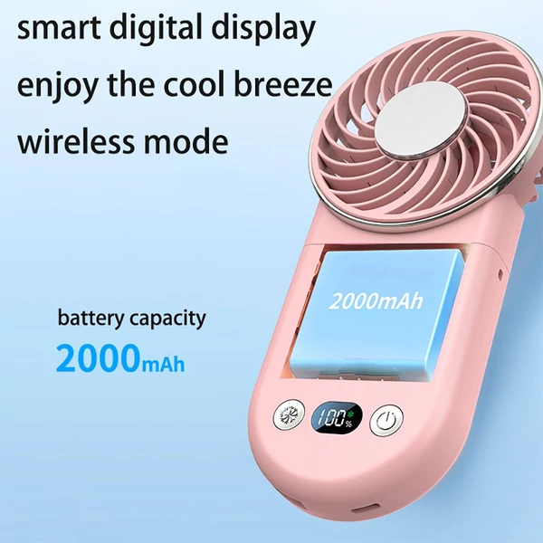 WT20 hordozható kézi ventilátor, 3 sebesség, digitális kijelző, 180°-ban állítható, 2000mAh, USB-s, powerbank, telefontartó – Fekete