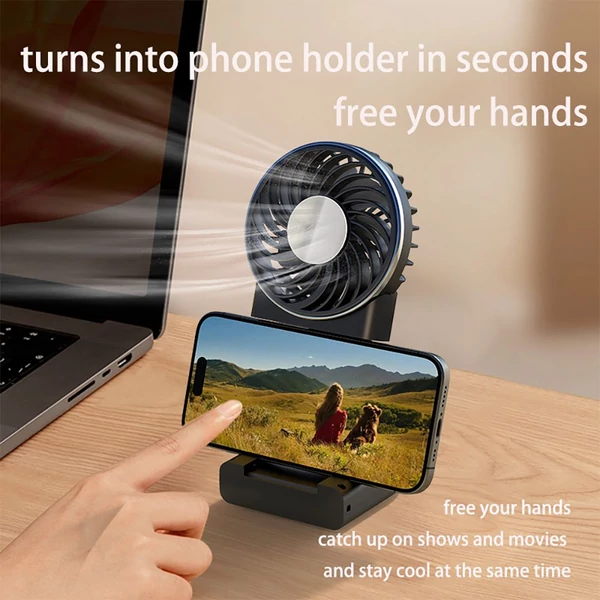 WT20 hordozható kézi ventilátor, 3 sebesség, digitális kijelző, 180°-ban állítható, 2000mAh, USB-s, powerbank, telefontartó – Fekete