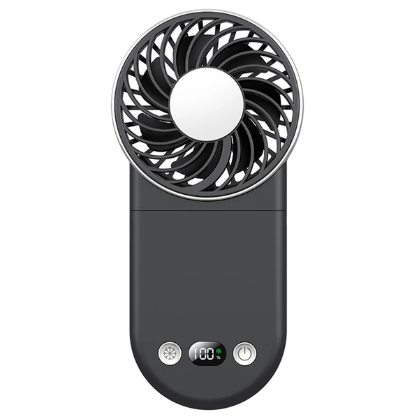 WT20 hordozható kézi ventilátor, 3 sebesség, digitális kijelző, 180°-ban állítható, 2000mAh, USB-s, powerbank, telefontartó – Fekete