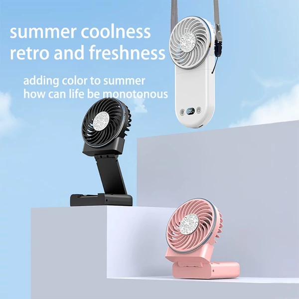 WT20 hordozható kézi ventilátor, 3 sebesség, digitális kijelző, 180°-ban állítható, 2000mAh, USB-s, powerbank, telefontartó – Pink