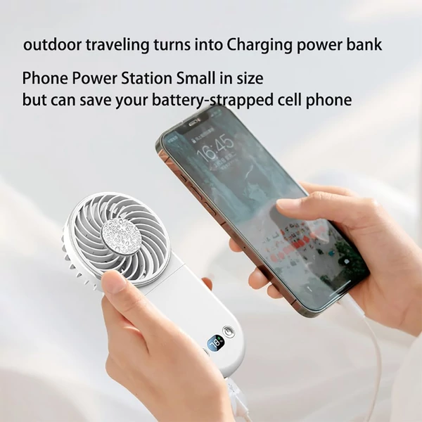 WT20 hordozható kézi ventilátor, 3 sebesség, digitális kijelző, 180°-ban állítható, 2000mAh, USB-s, powerbank, telefontartó – Pink