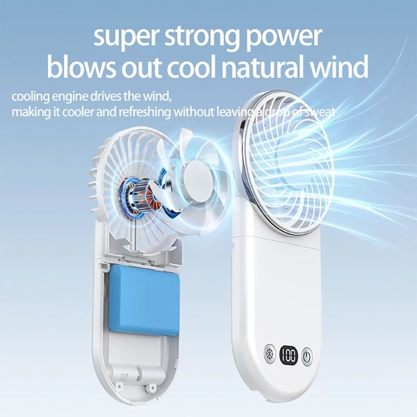 WT20 hordozható kézi ventilátor, 3 sebesség, digitális kijelző, 180°-ban állítható, 2000mAh, USB-s, powerbank, telefontartó – Fehér