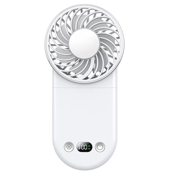 WT20 hordozható kézi ventilátor, 3 sebesség, digitális kijelző, 180°-ban állítható, 2000mAh, USB-s, powerbank, telefontartó – Fehér