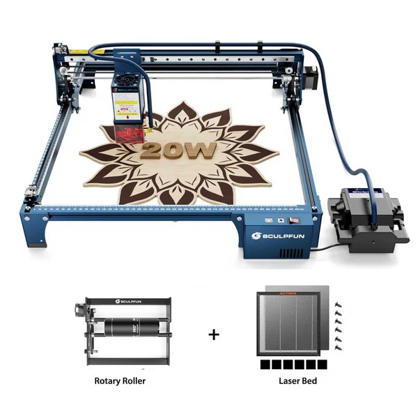 SCULPFUN S30 Pro Max 20W lézergravírozó + forgatóhenger + lézerágy