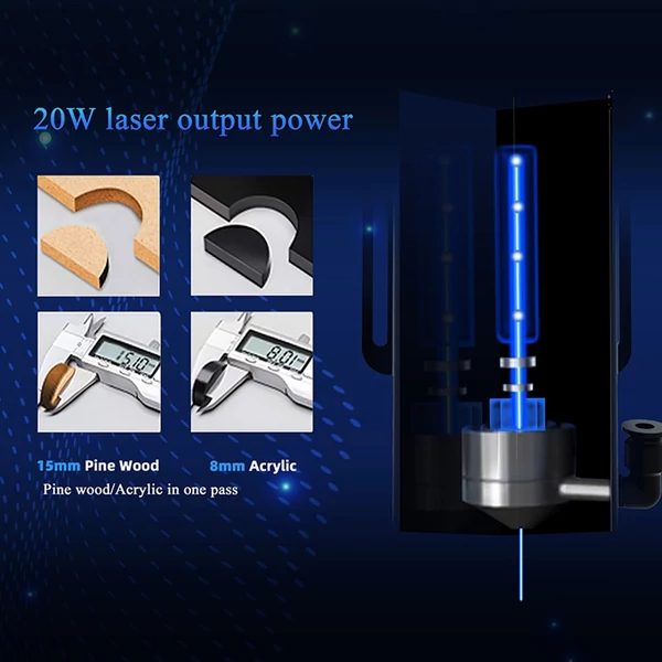 LONGER RAY5 20W lézergravírozó és vágó, fix fókusz, 0,08*0,1mm lézerpont, érintőkijelző, 32-bites chip, APP támogatás, 375*375mm