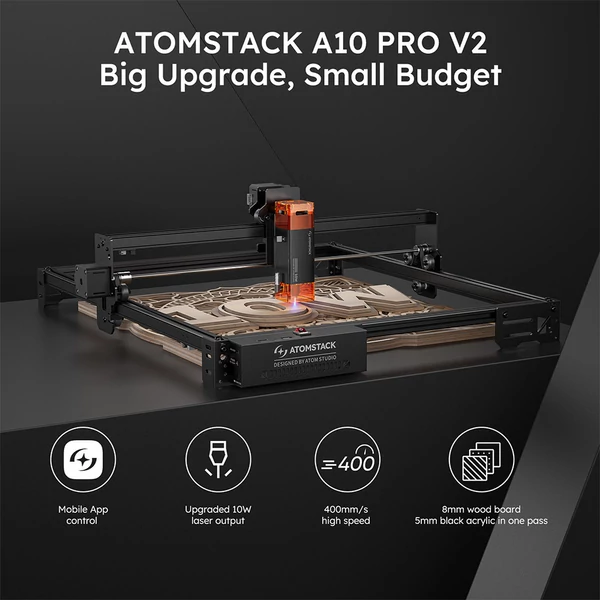 ATOMSTACK A10 Pro V2 10W lézergravírozó, 400mm/s sebesség, 0,01mm pontosság, 0,06x0,08mm pont, 410x380mm