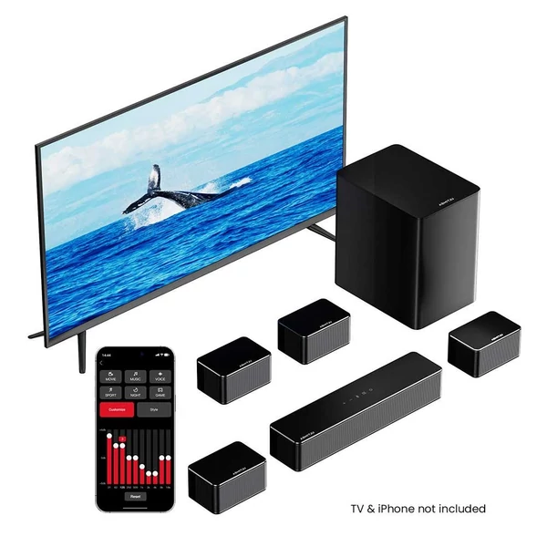 Ultimea Poseidon D70 7.1 csatornás soundbar mélynyomóval, 10 sávos EQ, 121 előre beállított EQ, BassMX, okosapp vezérlés