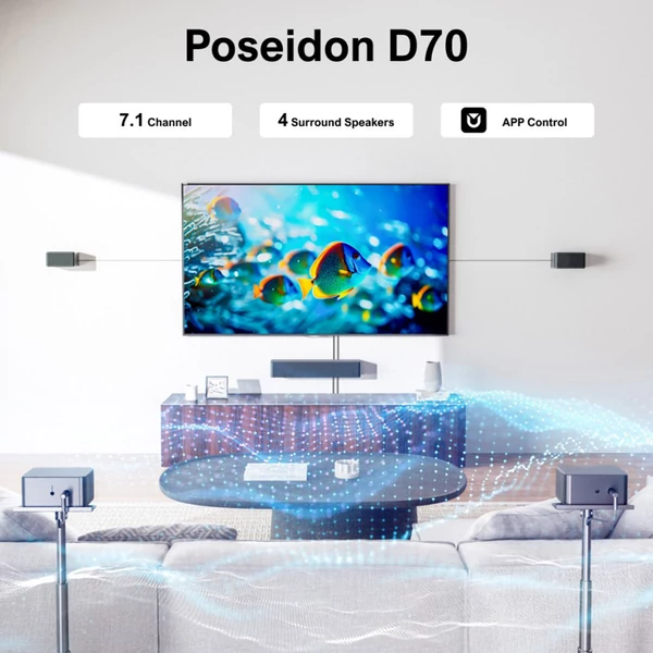 Ultimea Poseidon D70 7.1 soundbar + 1 pár Steady 300 hangfalállvány, 10 sávos EQ, 121 EQ-mátrix, BassMX, okosapp vezérlés