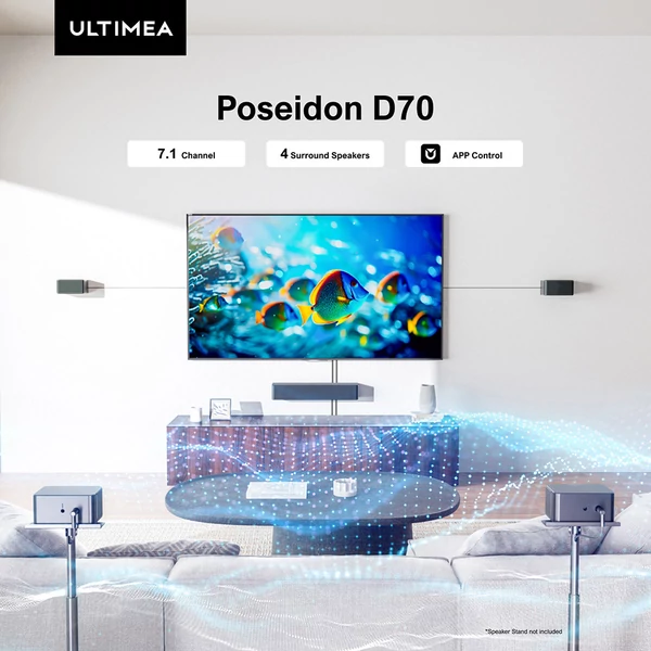 Ultimea Poseidon D70 7.1 soundbar + 2 pár Steady 300 hangszóróállvány, 10 sávos EQ, 121 EQ-mátrix, BassMX, okosapp vezérlés