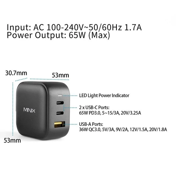 MINIX P1 GaN gyorstöltő, 65W max teljesítmény, 1×USB-A, 2×USB-C port