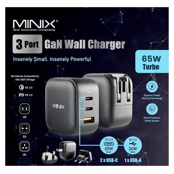MINIX P1 GaN gyorstöltő, 65W max teljesítmény, 1×USB-A, 2×USB-C port
