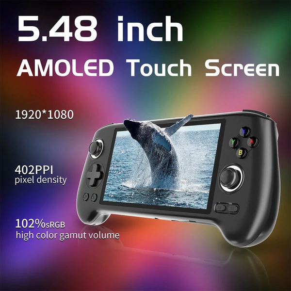ANBERNIC RG556 játékkonzol 8714 játékkal, 8GB RAM, 128GB tárhely, Android 13, 5,48" AMOLED, WiFi, BT, 8 óra - Fekete, 128GB TF kártya