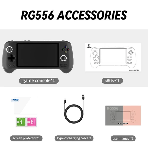 ANBERNIC RG556 játékkonzol 8714 játékkal, 8GB RAM, 128GB tárhely, Android 13, 5,48" AMOLED, WiFi, BT, 8 óra - Fekete, 128GB TF kártya