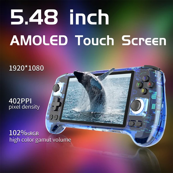 ANBERNIC RG556 játékkonzol 8714 játékkal, 8GB RAM, 128GB tárhely, Android 13, 5,48" AMOLED, WiFi, BT, 8 óra - Átlátszó kék, 256GB TF kártya