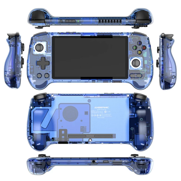 ANBERNIC RG556 játékkonzol 8714 játékkal, 8GB RAM, 128GB tárhely, Android 13, 5,48" AMOLED, WiFi, BT, 8 óra - Átlátszó kék, 128GB TF kártya