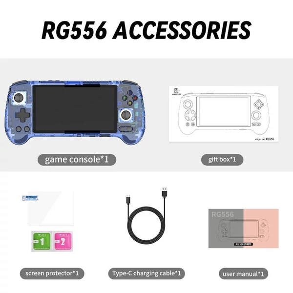 ANBERNIC RG556 játékkonzol 8714 játékkal, 8GB RAM, 128GB tárhely, Android 13, 5,48" AMOLED, WiFi, BT, 8 óra - Átlátszó kék, 128GB TF kártya