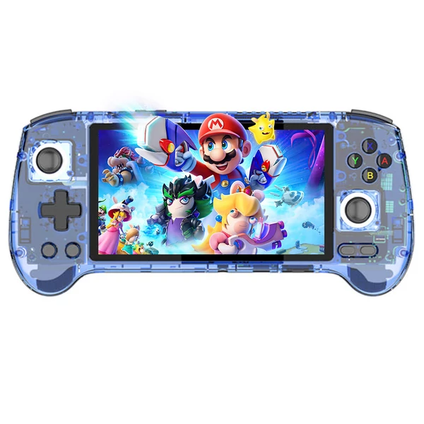 ANBERNIC RG556 játékkonzol 8714 játékkal, 8GB RAM, 128GB tárhely, Android 13, 5,48" AMOLED, WiFi, BT, 8 óra - Átlátszó kék, 128GB TF kártya